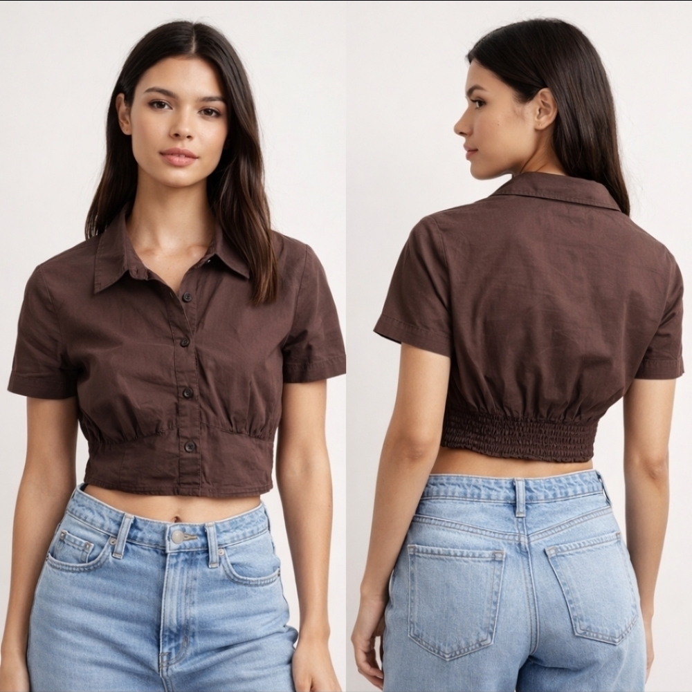 H&M Brown Cropped Collared Button Front Top Size S